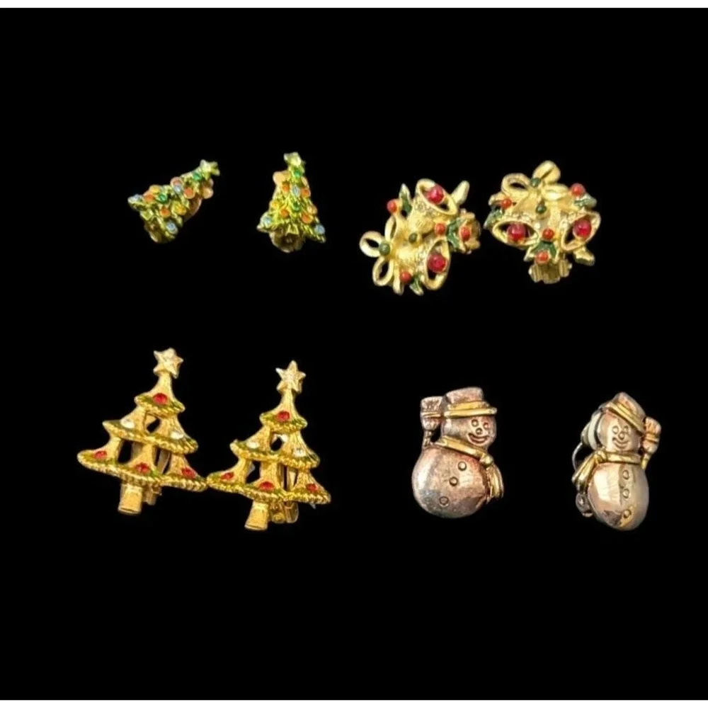 Vtg Christmas Clip On‎ Earrings Set 4 Pairs Trees Snowmen Bells Holiday Jewelry